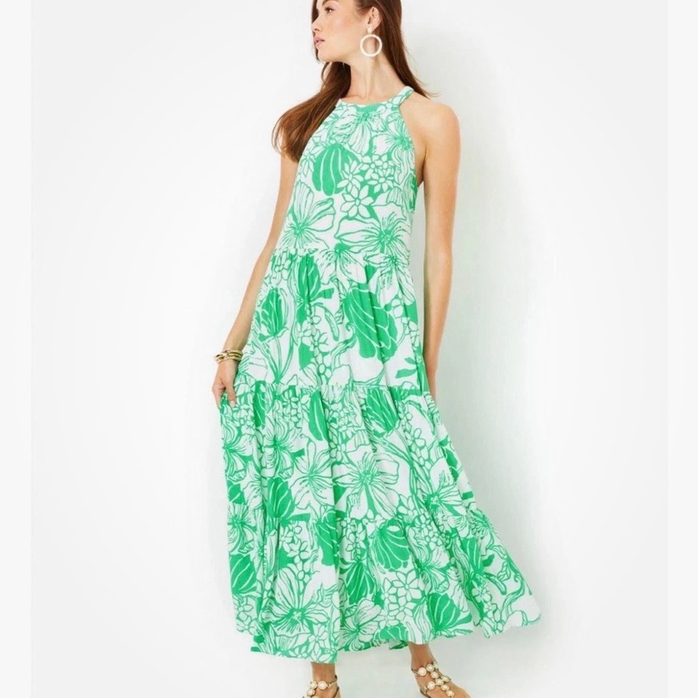 Lilly Pulitzer Green and White Floral Halter Maxi Dress